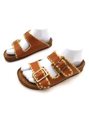 Steve Madden Brown Leather Double Buckle Slide Sandals Boho Western Womens 8?